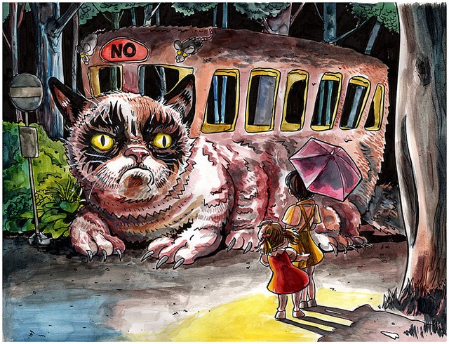 Read more about the article Meow! Parody Prints of Grumpy Cat and Lil Bub as Catbus