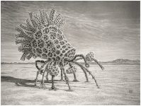 Graphite Drawings Of Strange Tree-Like Bony Creatures Existing In Alien Landscapes