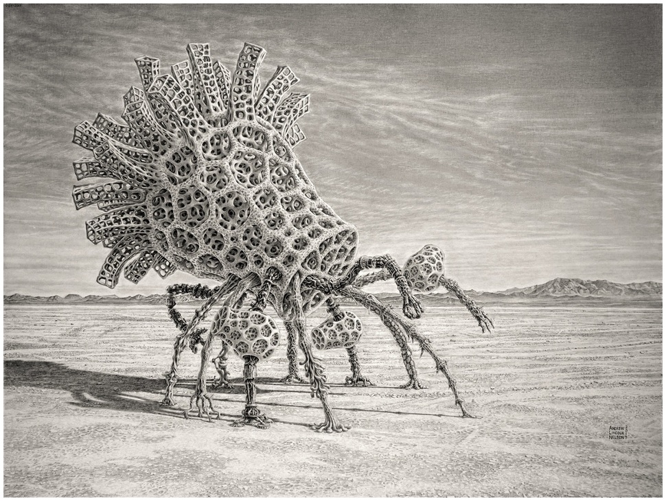 Read more about the article Graphite Drawings Of Strange Tree-Like Bony Creatures Existing In Alien Landscapes